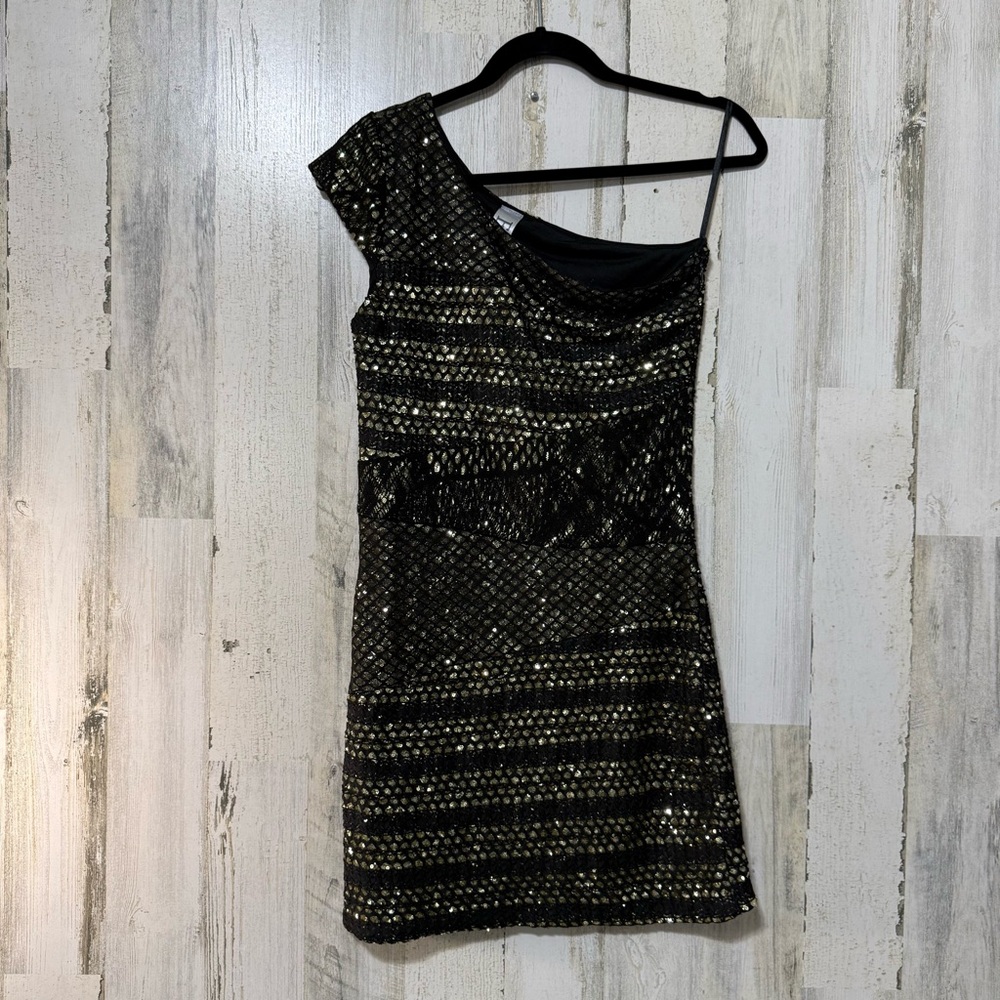 Sexy Sequins Mini Dress Black and Gold Sequin Dress One Shoulder